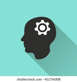 Brainstorm vector icon with long shadow. White illustration isolated on green background for graphic and web design.