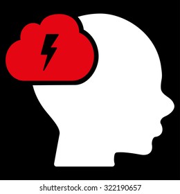 Brainstorm vector icon. Style is bicolor flat symbol, red and white colors, rounded angles, black background.