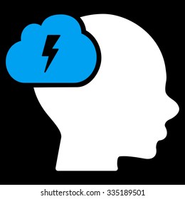 Brainstorm vector icon. Style is bicolor flat symbol, blue and white colors, rounded angles, black background.
