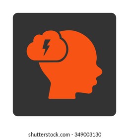 Brainstorm vector icon. Style is flat rounded square button, orange and gray colors, white background.