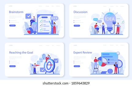 Brainstorm web banner or landing page set. New idea generation in teamwork discussion. Making innovation and moving towards success. Isolated flat vector illustration