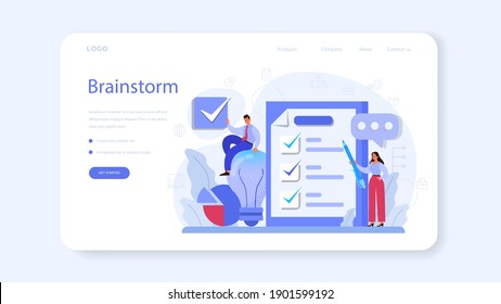 Brainstorm web banner or landing page. New idea generation in teamwork discussion. Making innovation and moving towards success. Isolated flat vector illustration