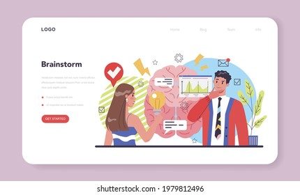 Brainstorm web banner or landing page. New idea generation in teamwork discussion. Making innovation and moving towards success. Isolated flat vector illustration