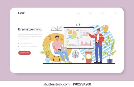 Brainstorm web banner or landing page. New idea generation in teamwork discussion. Making innovation and moving towards success. Isolated flat vector illustration