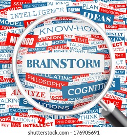 BRAINSTORM. Ilustración de nube de Word. Collage del concepto de nube de etiquetas. Ilustración de texto vectorial. 