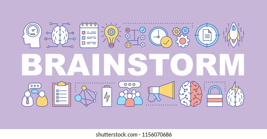 Brainstorm word concepts banner. Thinking process. Strategy development. Isolated lettering typography idea with linear icons. Solution searching. Ideas generation. Vector outline illustration