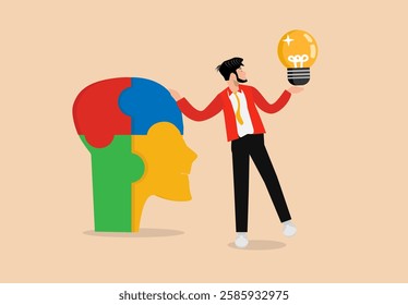 Brainstorm: a young man in a red suit standing, holding his head and a lamp, to solve a problem or come up with an idea. Flat design, vector, illustration