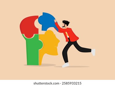 brainstorm, a young man in a red suit is assembling a pile of puzzles in the shape of a head, ideas or solving problems. flat design