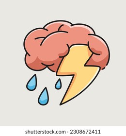 A brainstorming abstract concept. A brain with thunder and rain