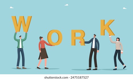 Brainstorming to achieve highest result, teamwork to find the right strategy and business prosperity, cooperation and partnership to achieve goals and win, people holding the letters of the word work.