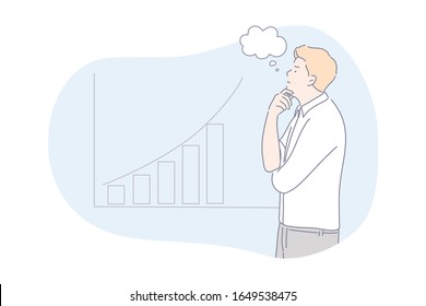 Brainstorming, analysis, business concept. Young businessman is thinking about company data index. Thoughtful boy with dream bubble do brainstorming and analyzing company profit growth. Simple vector