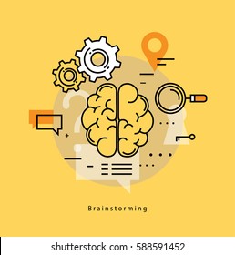 Brainstorming and analysis flat line business vector illustration design banner. Creative thinking, education, research, business idea concept. Design for learning, problem solving, trainings, courses