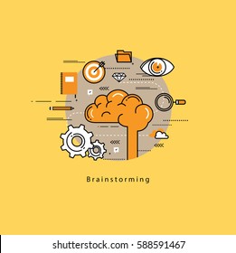 Brainstorming and analysis flat line business vector illustration design banner. Creative thinking, education, research, business idea concept. Design for learning, problem solving, trainings, courses