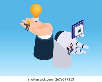 Brainstorming mit künstlicher Intelligenz und menschlicher Zusammenarbeit 3D isometrische Vektorgrafik