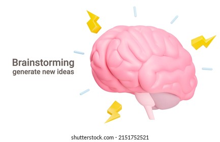 Pancarta de lluvia de ideas. Las cepas cerebrales, los rayos y los rayos. Encontrar una idea creativa, resolver un problema, tener una epifanía. Objeto 3d aislado en un fondo transparente