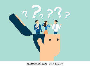 Lluvia de ideas para grandes ideas y soluciones de negocios, discusión de colaboración en equipo, lluvia de ideas de empresarios en el cerebro humano, concepto de diseño de ilustración vectorial en estilo plano