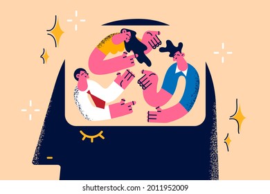 Brainstorming, big idea and teamwork concept. People sitting and brainstorming in human brain business solution, teamwork or collaboration discussing creative thinking vector illustration