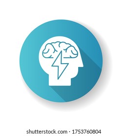 Brainstorming blue flat design long shadow glyph icon. Efficient approach to problem solving. Analytical mindset. Psychological issue. Human brain in head. Silhouette RGB color illustration