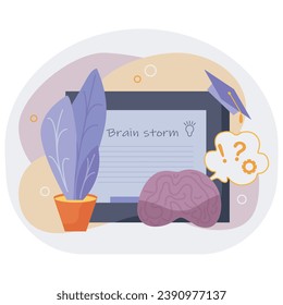 Brainstorming board and a thinking brain in the foreground. Universal illustration on the topic of education for a mobile application or website