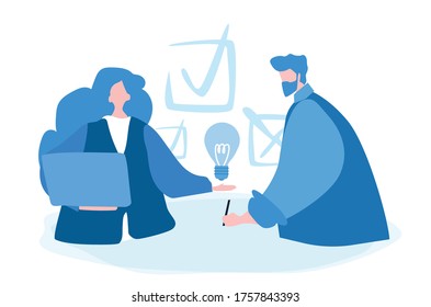 Brainstorming, business man woman talking to each other. Vector illustration for web banner, infographics, mobile. Teamwork , Men and women taking part in business meeting.