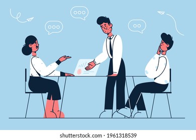 Brainstorming, Business partners, teamwork concept. Office workers partners discussing corporate project together in office during brainstorm vector illustration 