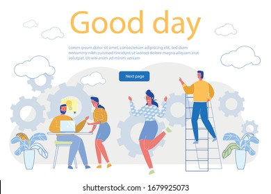 Brainstorming and Business Tasks Discussion, Sharing Ideas and Finding Solution. People Cartoon Characters, Business Team or Colleagues and Good Day Greeting Inscription. Flat Vector Illustration.