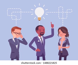 Brainstorming business team. Male and female group discussion to produce ideas or solve office problems, company gathering for creativity technique solution. Vector flat style cartoon illustration