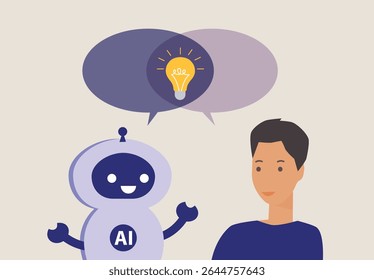 Brainstorming, Businessman and AI. Robot assistant and businessman collaborating on ideas