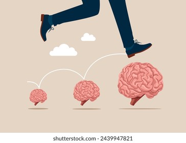 Brainstorming. Businessman jumping from small to the big brain. Financial and investment growth. Flat vector illustration. 