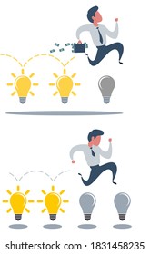 Brainstorming businessman turning lights on. Stock flat vector illustration.