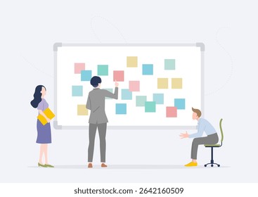Brainstorming by visualizing ideas using sticky notes on a whiteboard