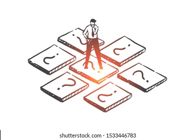 Brainstorming, choice, solution concept sketch. Hand drawn isolated vector