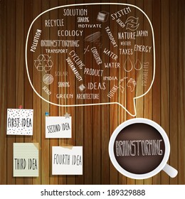 Brainstorming with coffee cup and stickers on the wooden table.