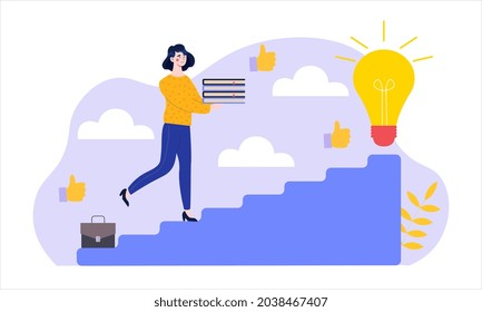 Brainstorming and coming up with new ideas. Woman with books in her hands climbs stairs to new business solution. Metaphor for growth and success. Cartoon flat vector illustration on white background