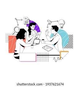 Brainstorming concept. Business meeting and brainstorming, Idea, and business concept for teamwork. Vector line illustration infographic template with people, team, light bulb, and icon.