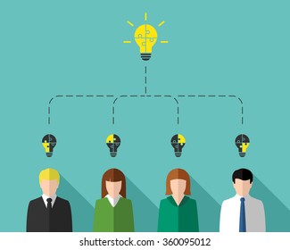 Brainstorming concept with business team. Lightbulb made of jigsaw puzzle pieces as idea symbol.