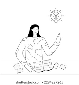 Brainstorming concept character illustration. Contemporary line vector illustration of a woman finding a solution. Burning bulb as a symbol of new ideas