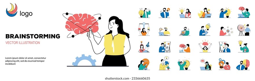 Brainstorming concept with character situations mega set. Bundle of scenes people thinking and generating new ideas, finding solutions and business innovation. Vector illustrations in flat web design