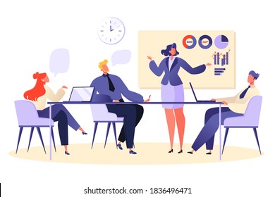 Brainstorming concept. Creative men and women work in modern office, sit and stand at the table together with laptops, talk to colleagues. Successful team, partnership effective and efficient teamwork