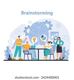 Brainstorming concept. Creative team generating ideas with dynamic discussion and problem-solving. Innovative thinking in business. Flat vector illustration.