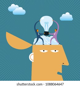 Brainstorming concept design, Two businessmen raise a light bulb on the brain.