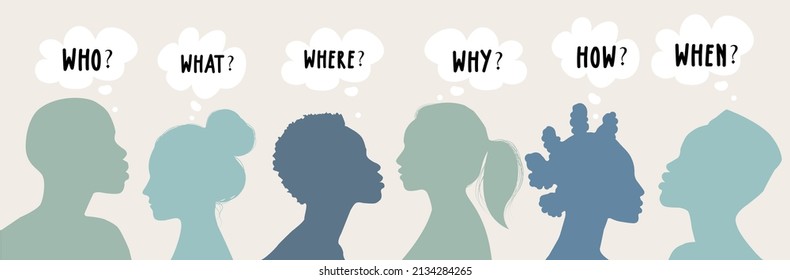 Brainstorming-Konzept. Diverse Menschen und Sprache Blase mit Text - Wer, was, wenn Warum-und Frage-Zeichen-Symbol. Untersuchung und Problemlösung.