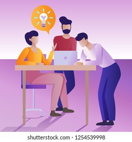 Brainstorming concept. The Flat vector illustration. Group of people holds a working discussion.