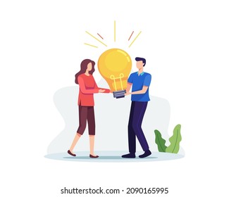 Brainstorming concept illustration. Teamwork, Creative ideas and solution. Bright lightbulb idea, Vector in a flat style