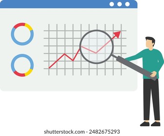 brainstorming concept. office worker studying infographics, evolution scale analysis, looking for new solution ideas. analyze and manage big data. business flat vector illustration