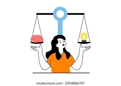 Brainstorming concept with people scene in flat web design. Woman thinking and selecting new solutions and weighing ideas on scales. Vector illustration for social media banner, marketing material.