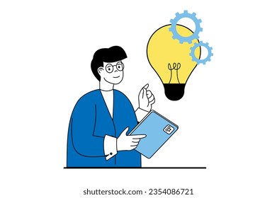 Concepto de lluvia de ideas con la escena de la gente en diseño web plano. El hombre genera ideas creativas para el proceso de trabajo de optimización y la mejora. Ilustración vectorial para banner de medios sociales, material de marketing.
