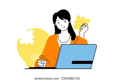 Brainstorming concept with people scene in flat web design. Woman work at laptop and finding solutions for business and puzzle solving. Vector illustration for social media banner, marketing material.