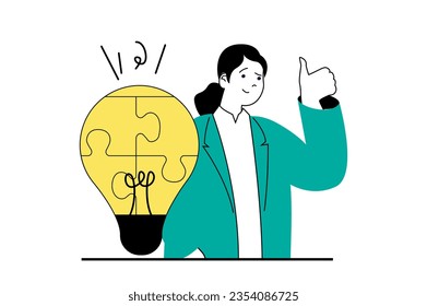 Brainstorming concept with people scene in flat web design. Woman finding solutions for puzzle, generating ideas in creative process. Vector illustration for social media banner, marketing material.