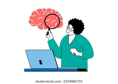 Concepto de lluvia de ideas con la escena de la gente en diseño web plano. Mujer buscando información para resolver problemas y hace investigación de ideas. Ilustración vectorial para banner de medios sociales, material de marketing.